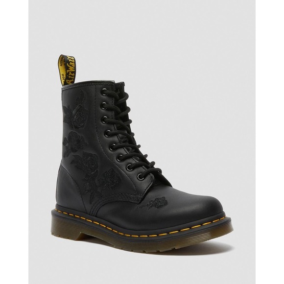 Dr. Martens Shoes - Dr. Martens 1460 Vonda Mono Black Floral Embroidered Leather Boots | Womens 6